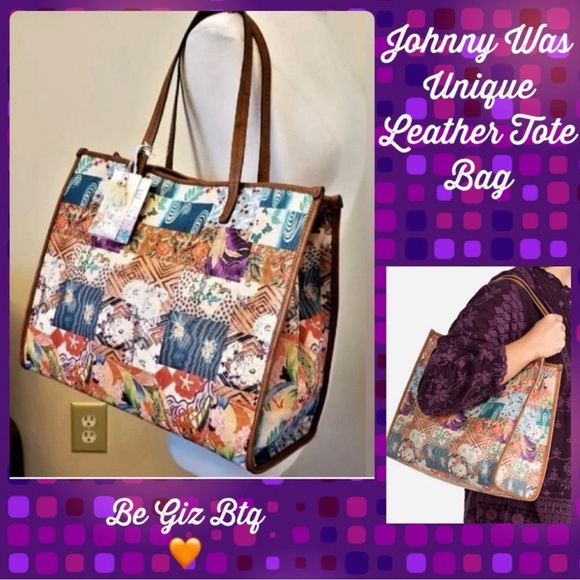🆕 Johnny Was Grace Iconic Patchwork Tote Bag Tan Leather Iconic Patchwork Design - Picture 2 of 16